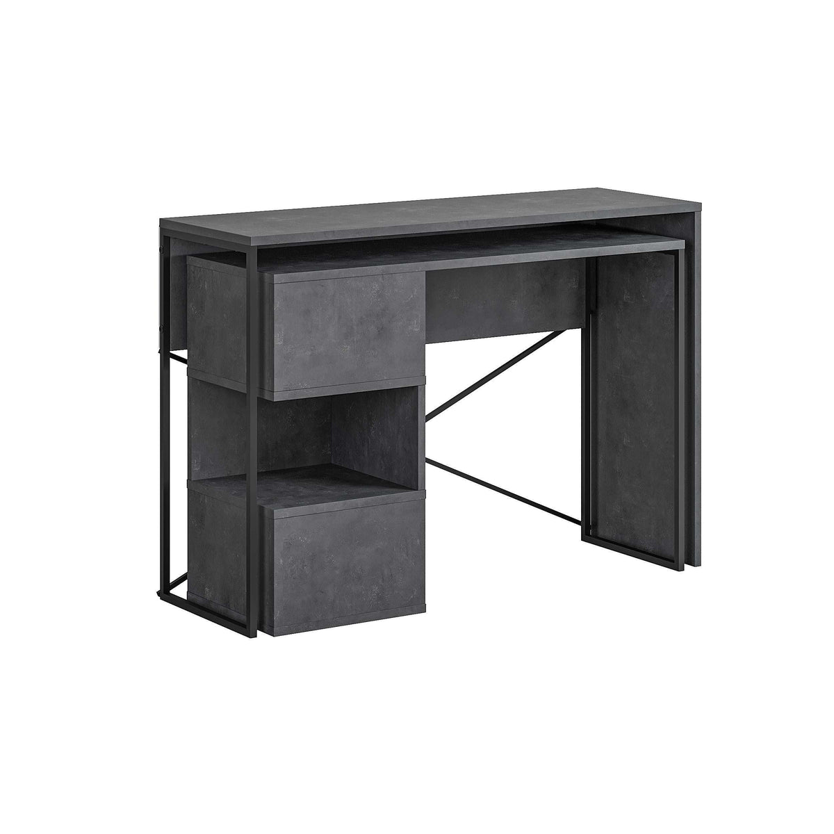 Multi-purpose working table with storage, dark grey finish, open and drawer-style compartments