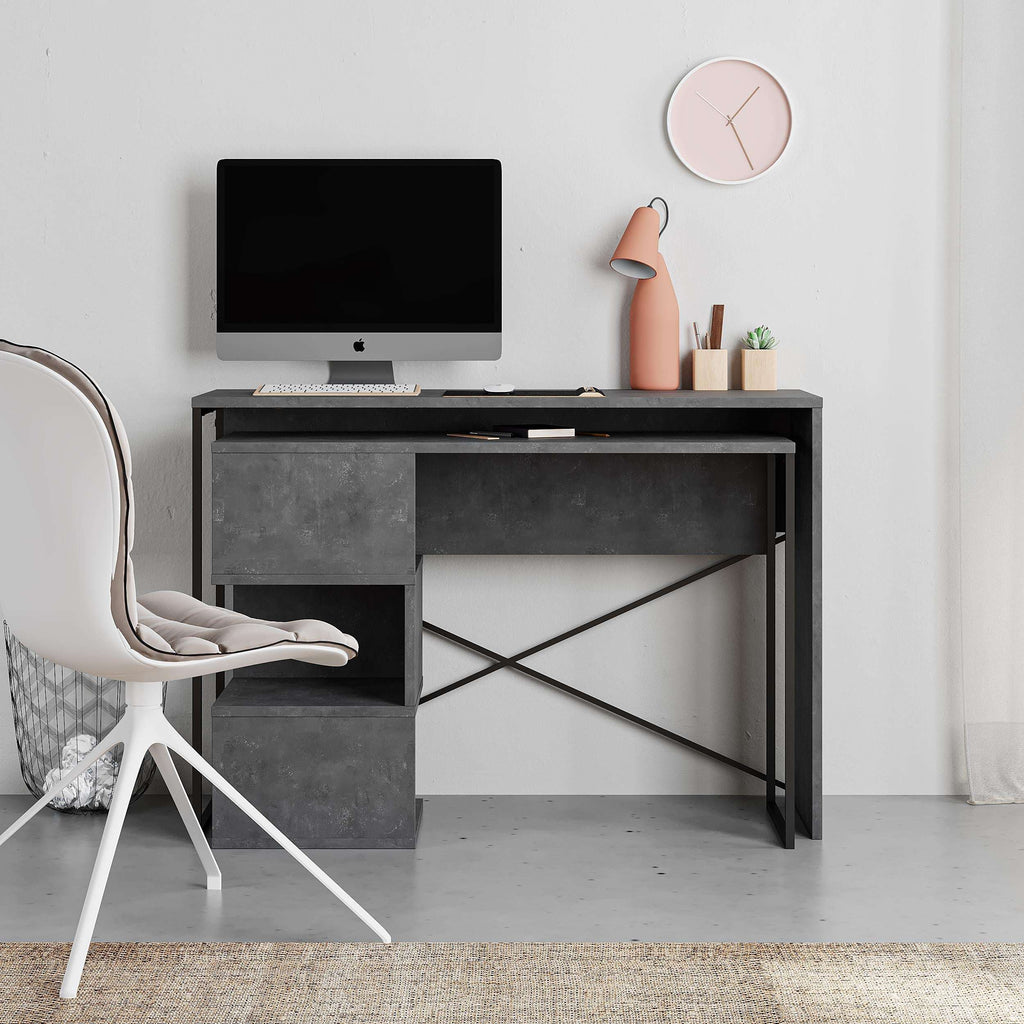Modern 2-in-1 desk with storage shelves and side cabinet, dark grey tabletop