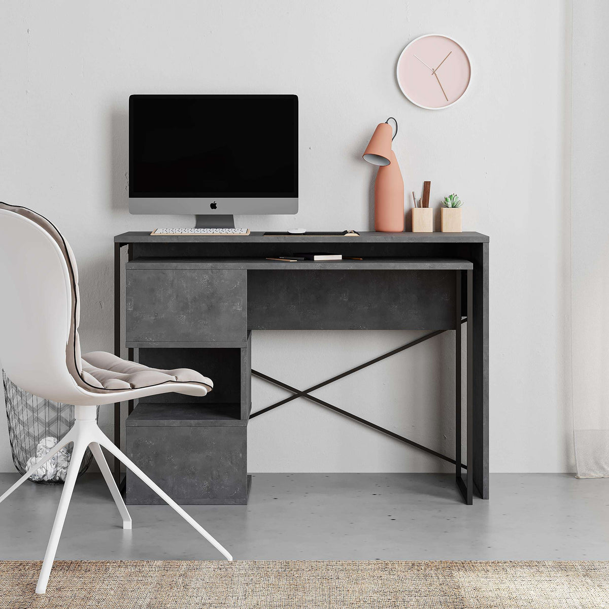 Modern 2-in-1 desk with storage shelves and side cabinet, dark grey tabletop