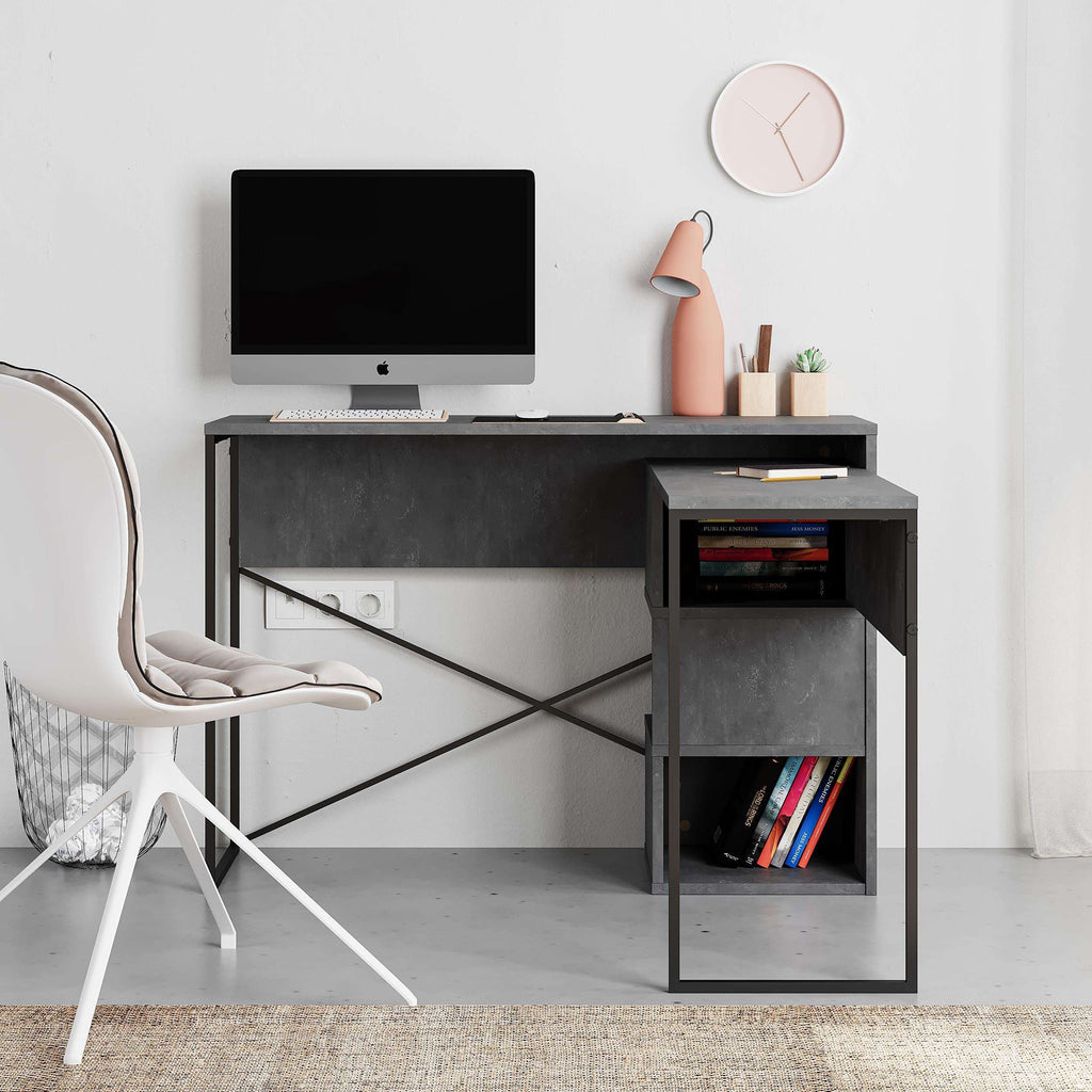 Dark gray desk with open book shelves and side cubby under the desktop