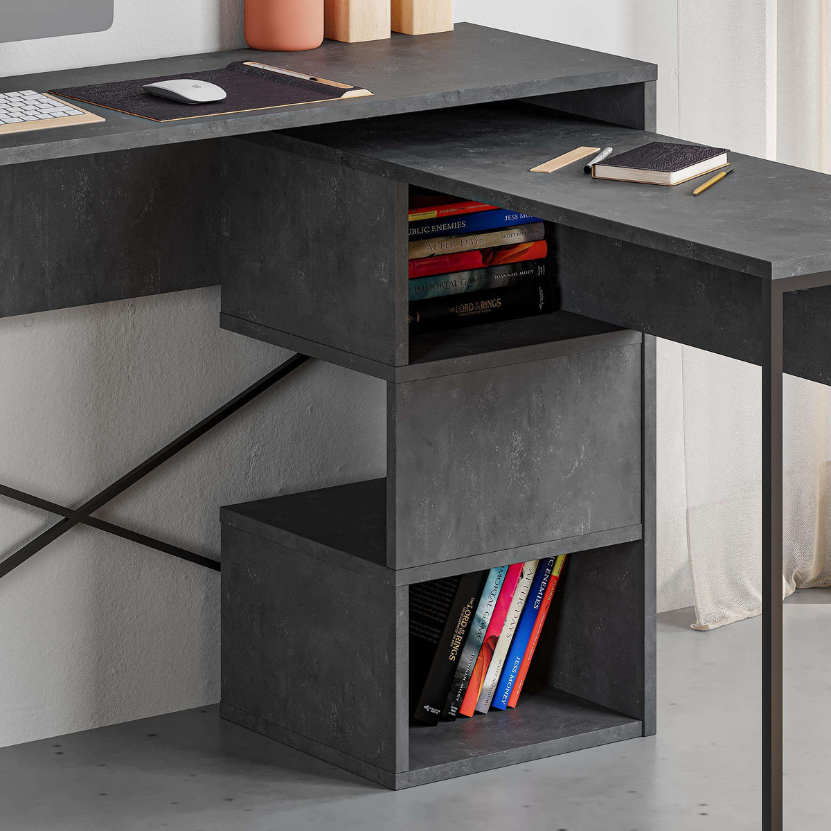 Dark gray multi-purpose desk with open compartments for books and office items