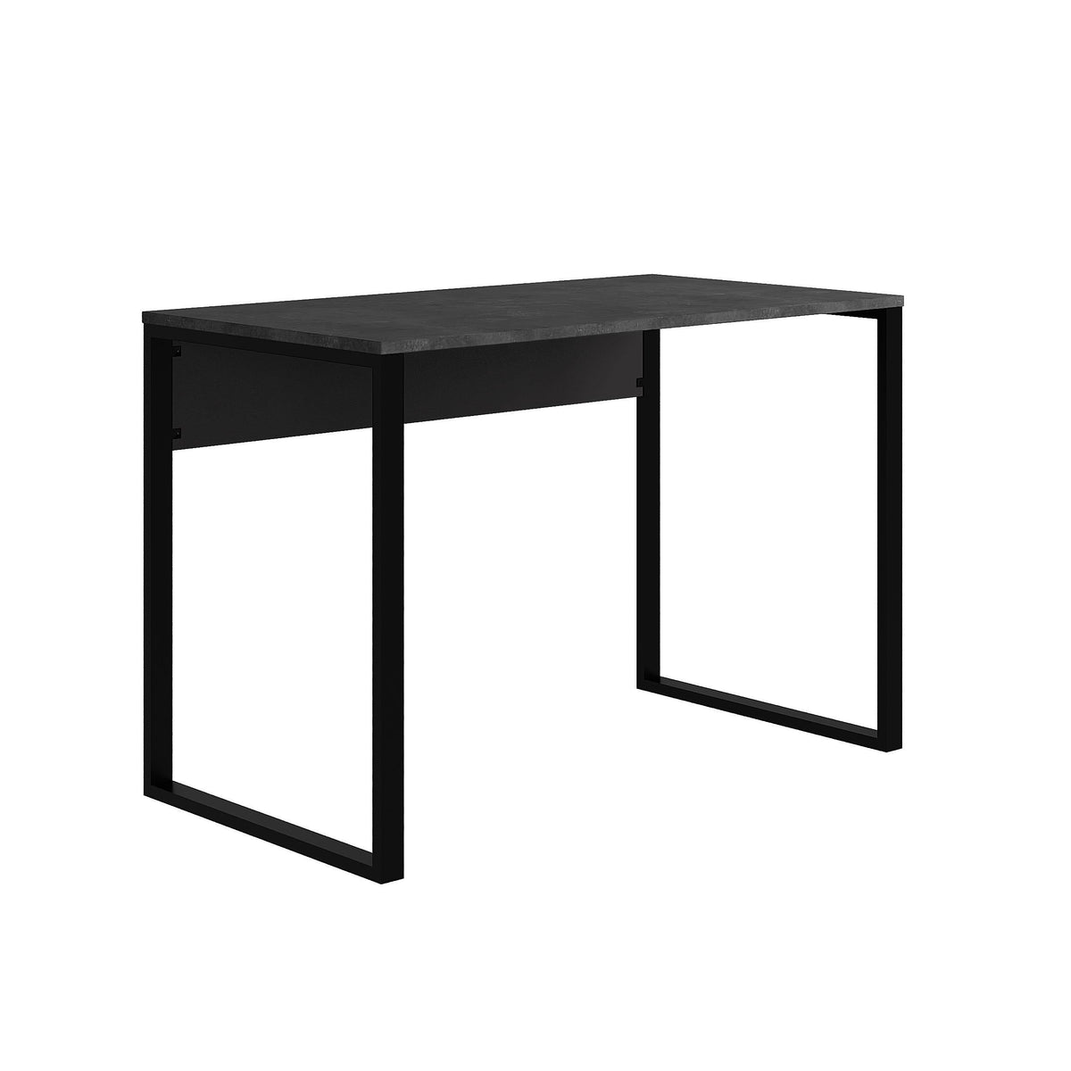 Modern desk with black tabletop and black metal legs, open frame design.
