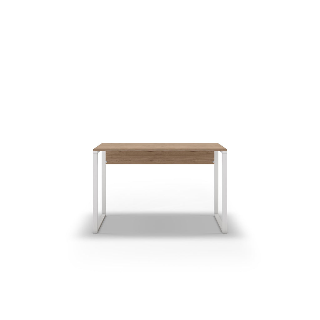 Modern desk with light wood top and white metal legs, open underside.