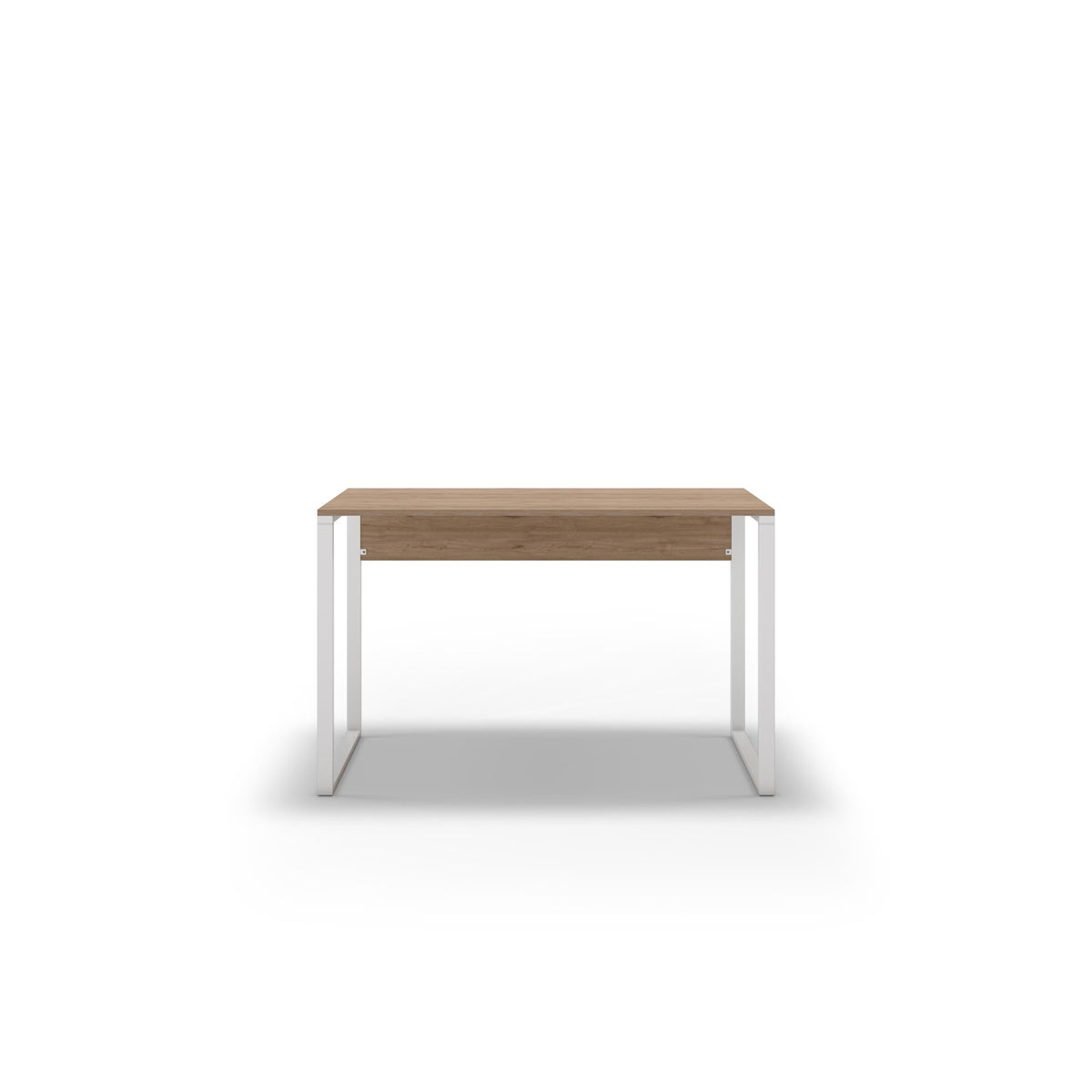 Modern desk with light wood top and white metal legs, open underside.