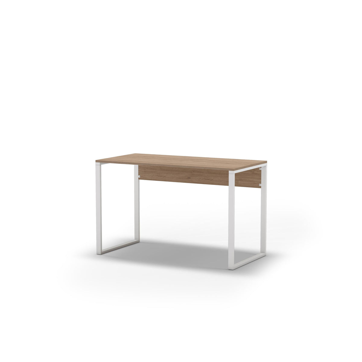 Modern desk with light wood top and white metal legs, corner perspective.