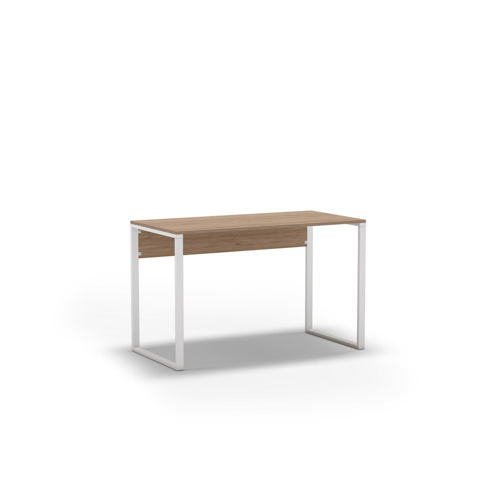 Modern desk with light wood top and white metal legs, open rectangular frame.
