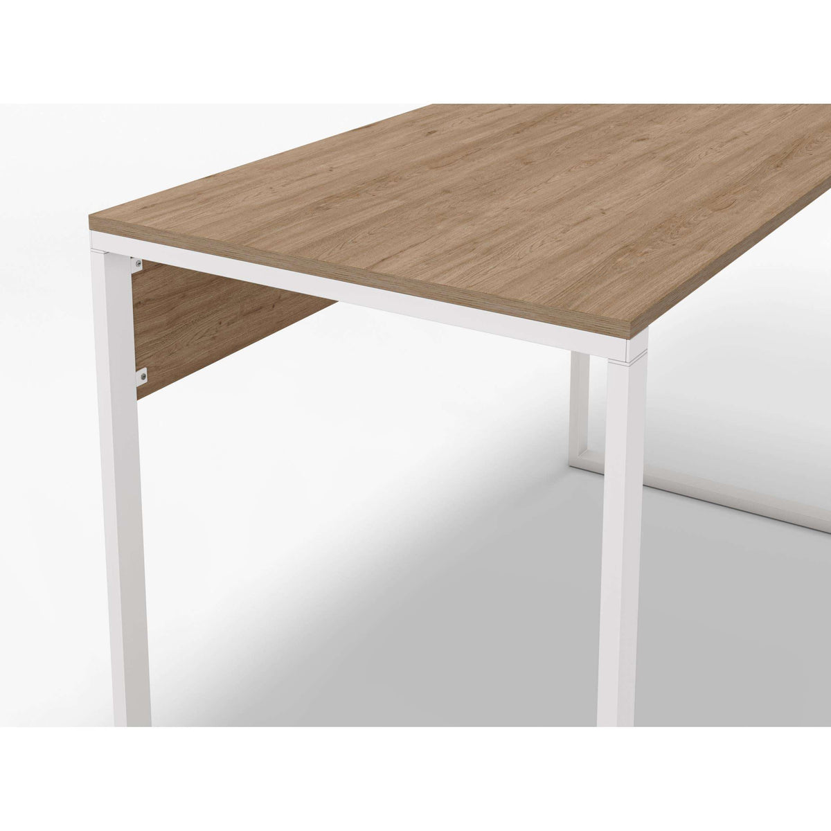 Modern desk with light wood top and white legs, angled close-up view.