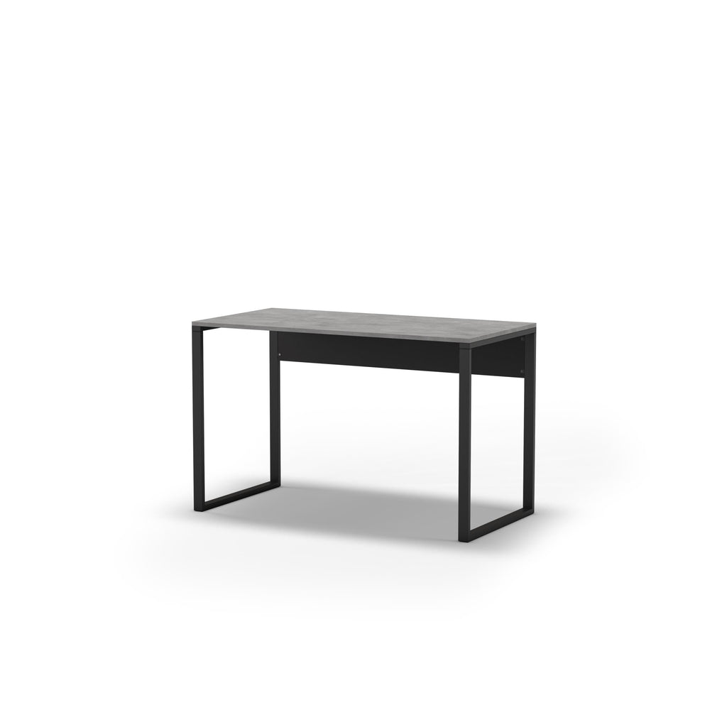 Modern desk with dark tabletop and black metal legs, 100 cm wide.