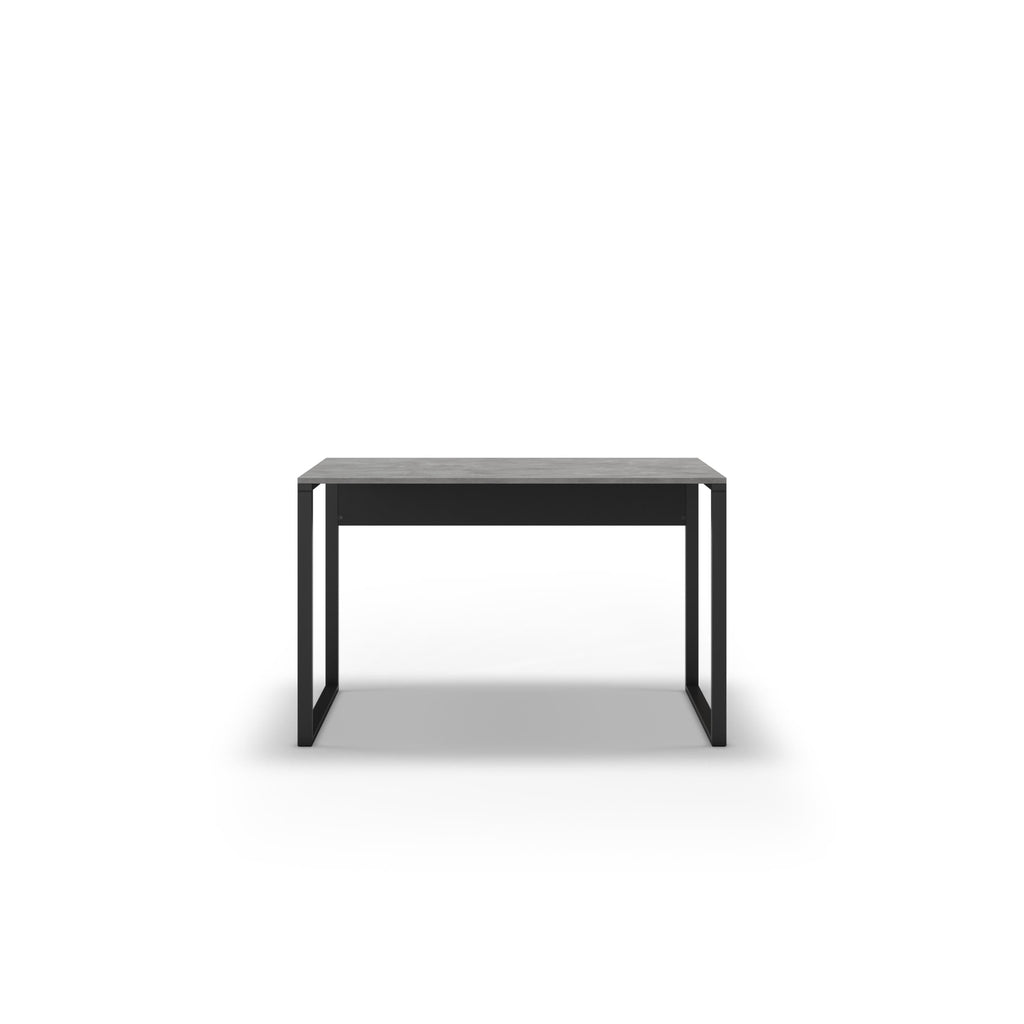 Modern desk with dark tabletop and black metal legs, front view.