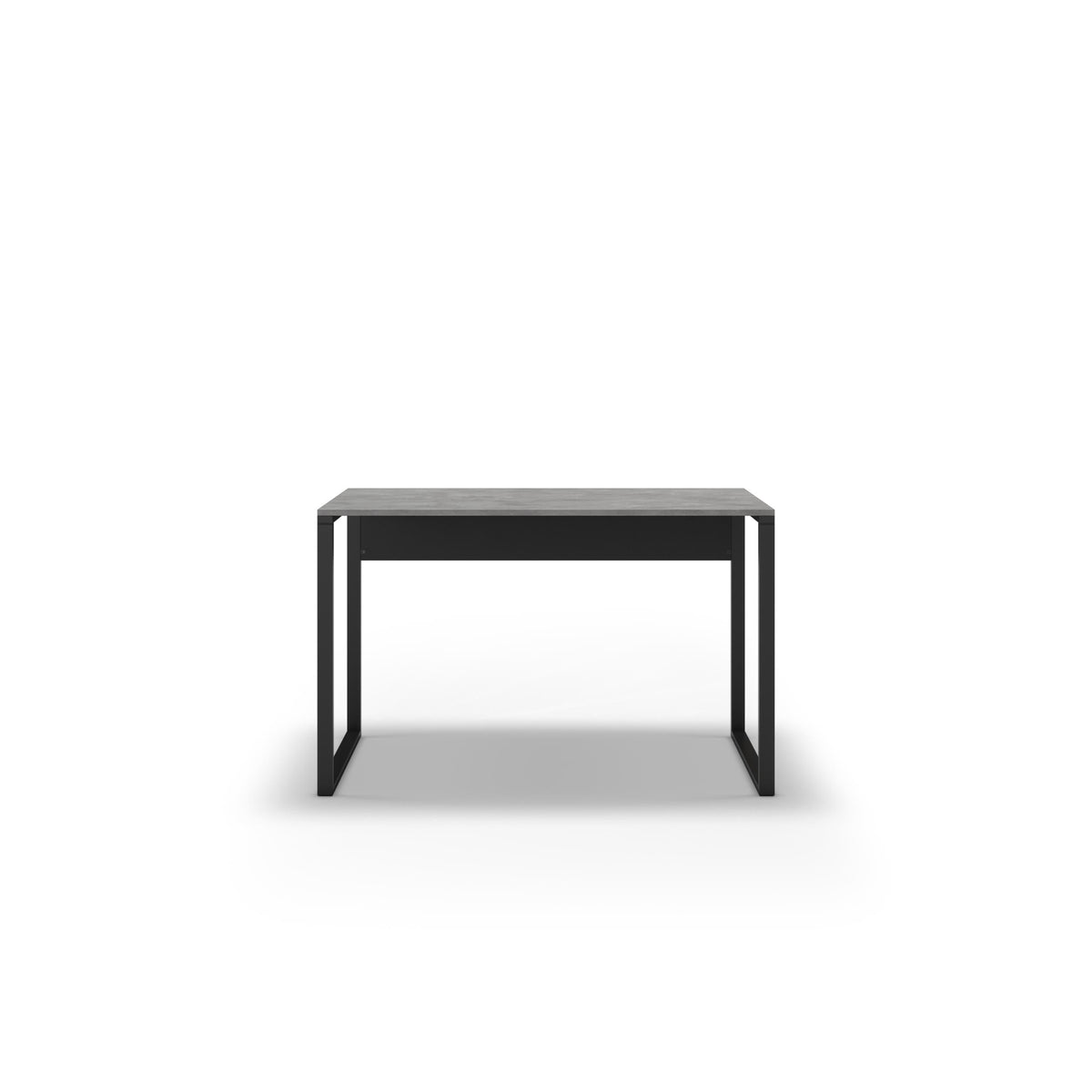 Modern desk with dark tabletop and black metal legs, front view.