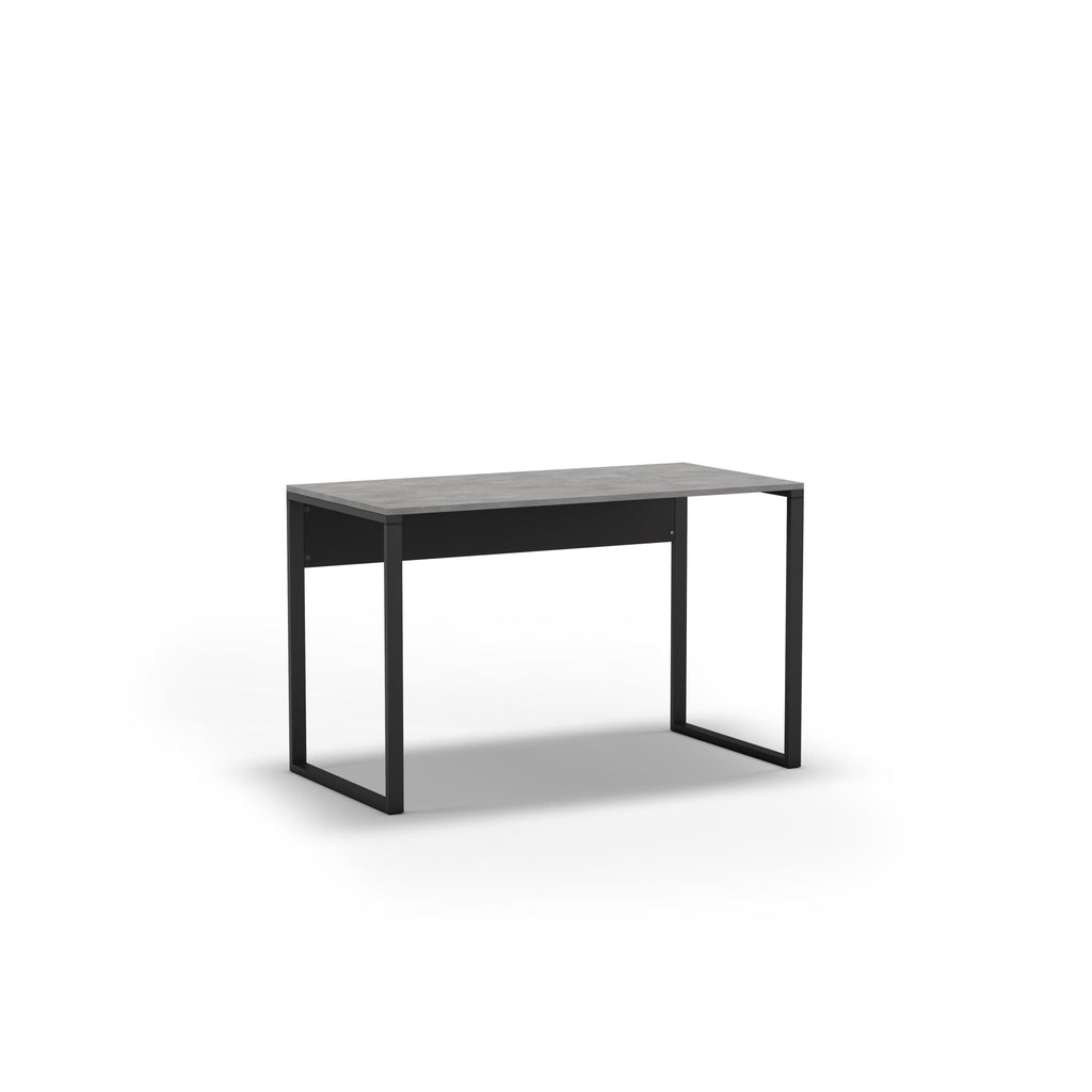Minimal desk with grey wood-look top and dark metal frame