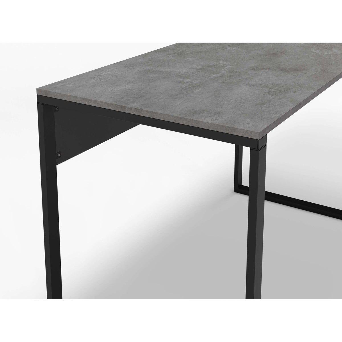 Grey concrete-look desktop with dark metal frame legs