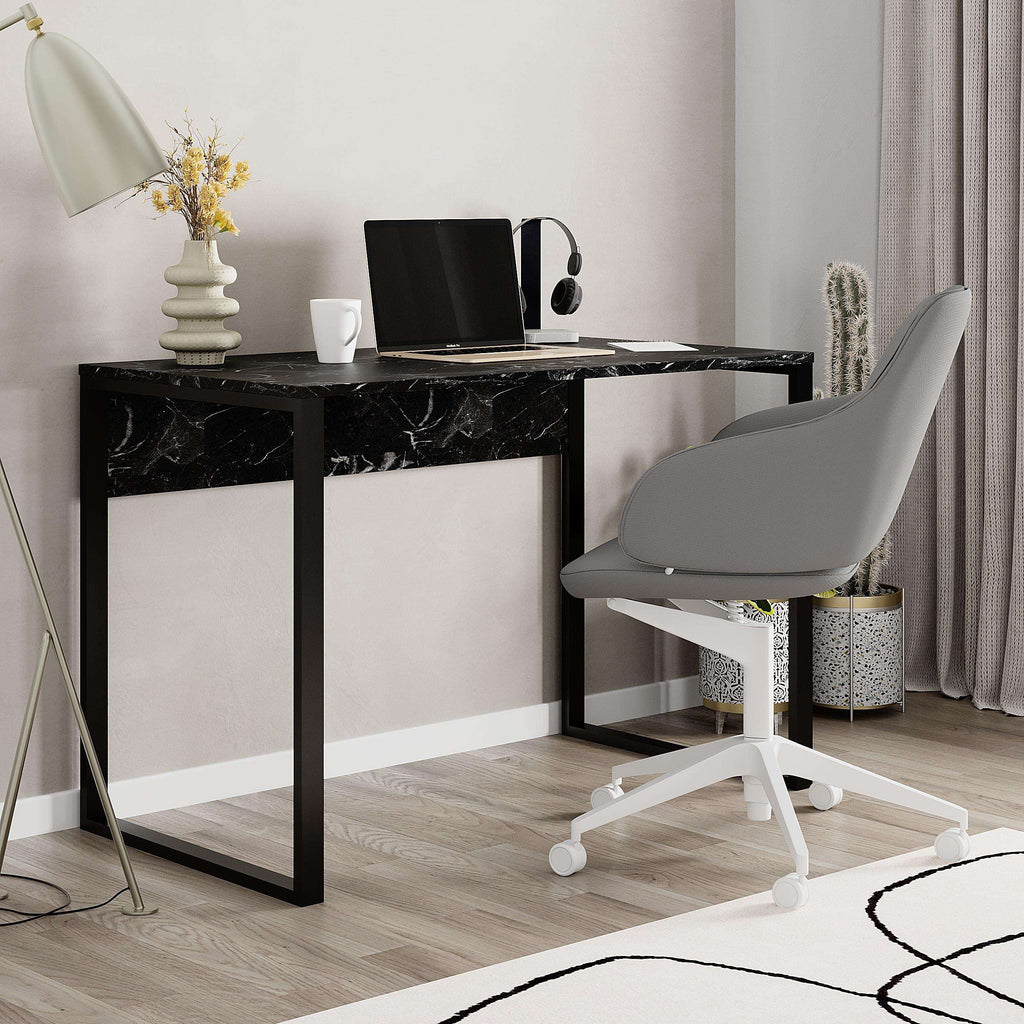 Modern desk with black marble-look top and black metal frame