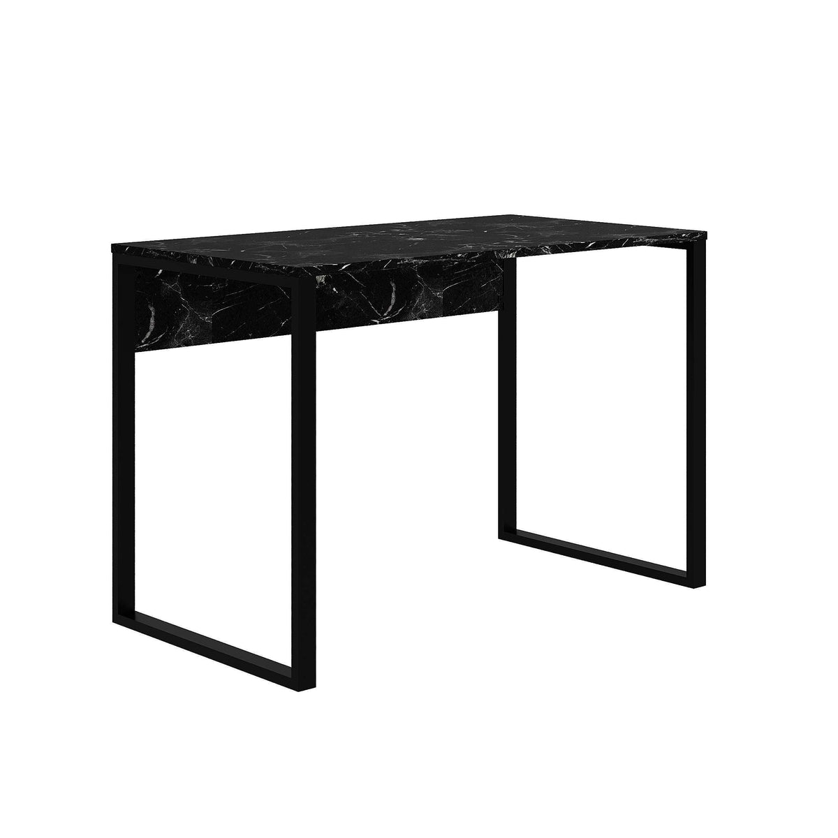Rectangular desk with black marble-look tabletop and black metal legs