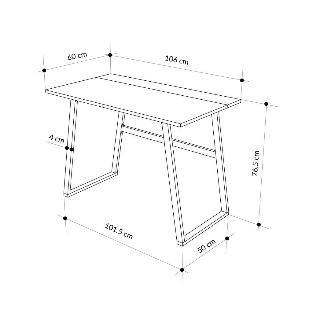 Study desk with angled frame and tabletop, shown with size measurement diagram