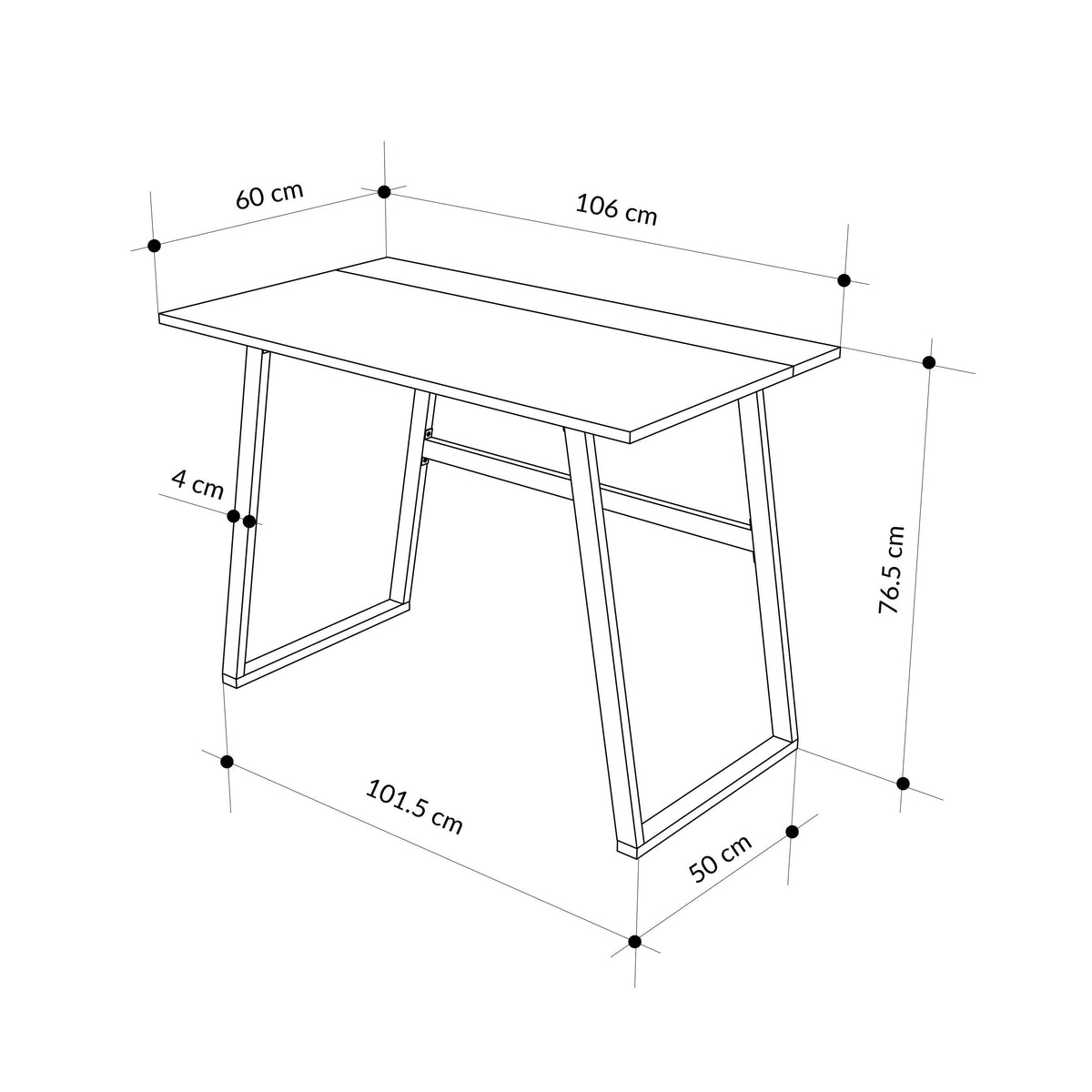 Study desk with angled frame and tabletop, shown with size measurement diagram