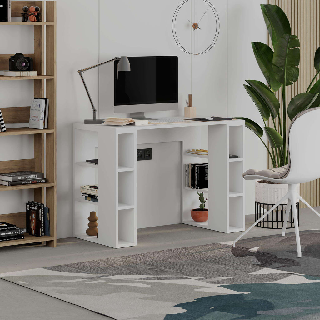 White modern study desk with open cubby shelves on both sides, 106 cm