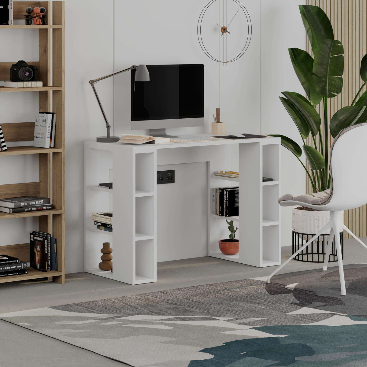 White modern study desk with open cubby shelves on both sides, 106 cm