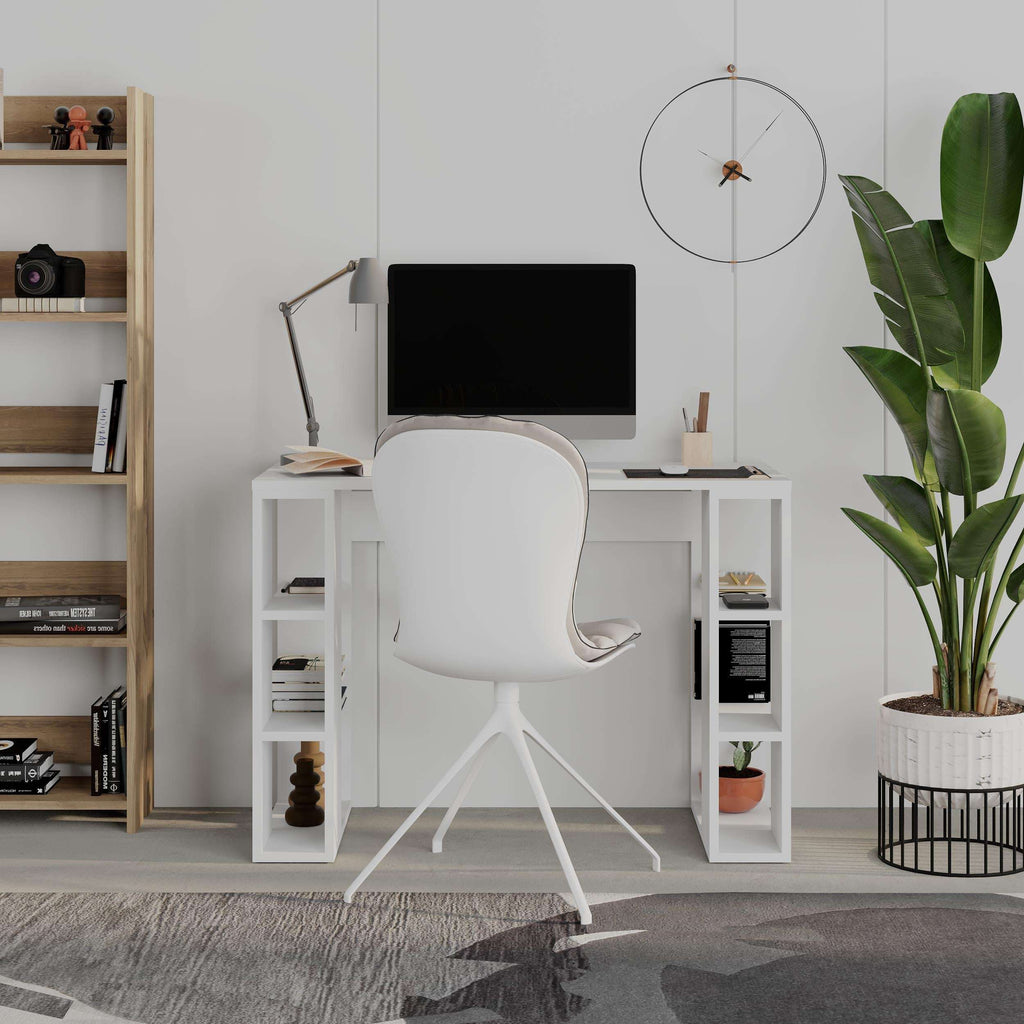 White study desk with open storage shelves and flat work surface