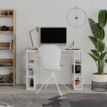 White study desk with open storage shelves and flat work surface