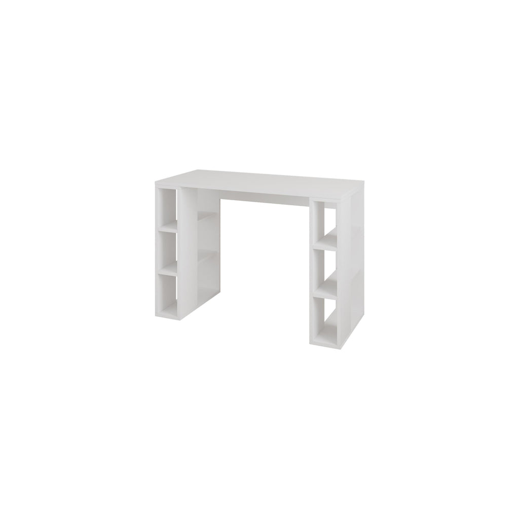 White study desk with open side shelving and wide tabletop