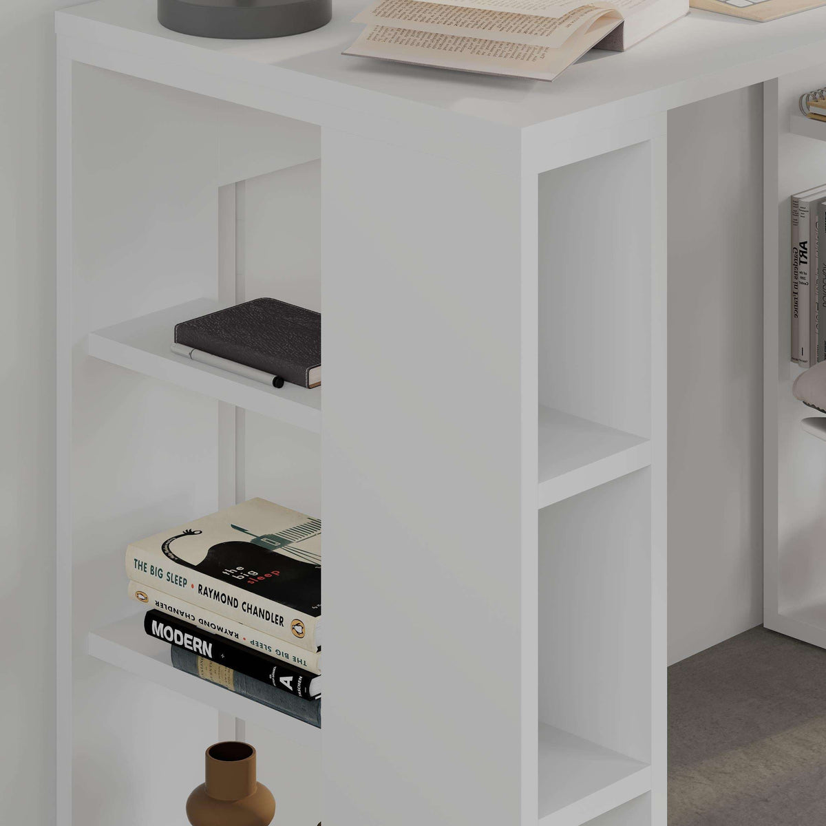 White study desk with open shelves and lower storage space