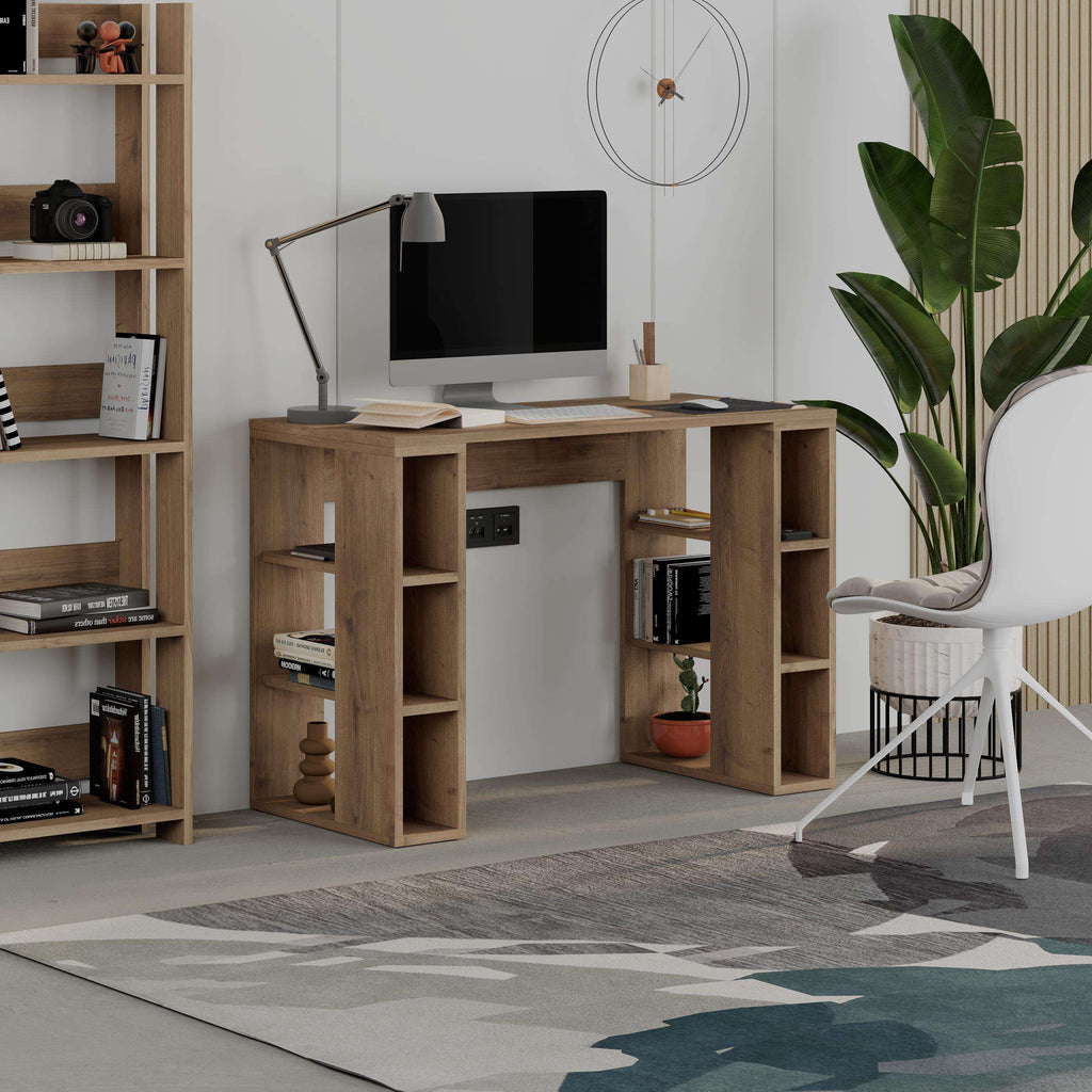 Oak study desk with open cubby shelves and central under-desk storage, 106 cm