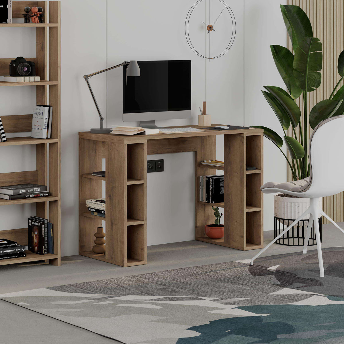 Oak study desk with open cubby shelves and central under-desk storage, 106 cm