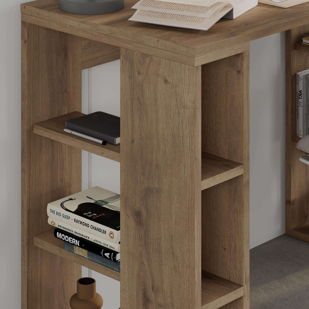 Dark oak study desk with built-in open storage shelves and side cubbies
