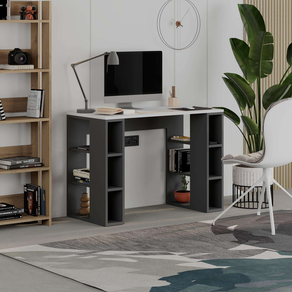 White modern study desk with open shelves and central panel