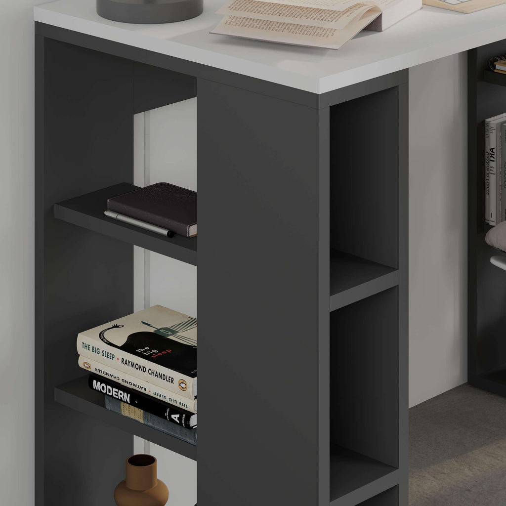 Anthracite study desk with open shelves and side storage compartments