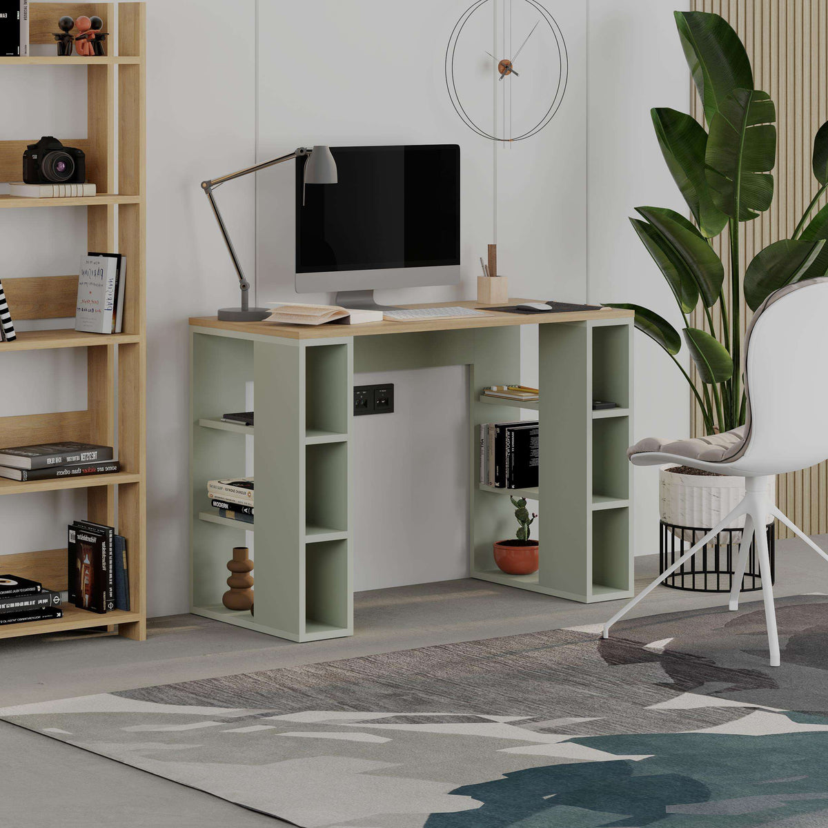 Light green study desk with open storage shelves and side cubbies, 106 cm wide