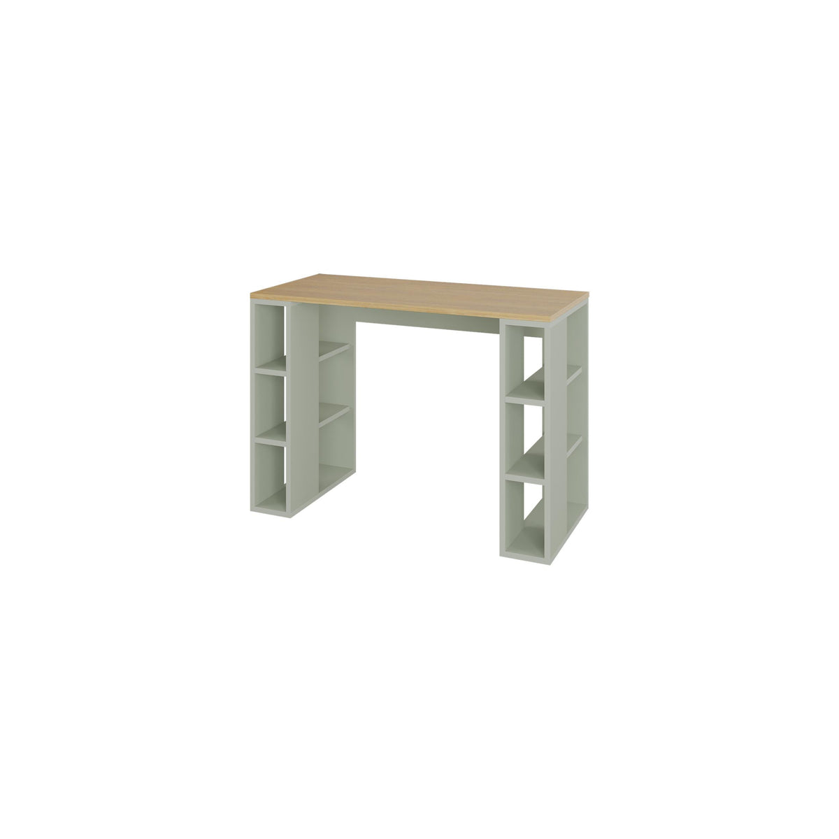 White study desk with open cubby shelves on both sides, studio cutout