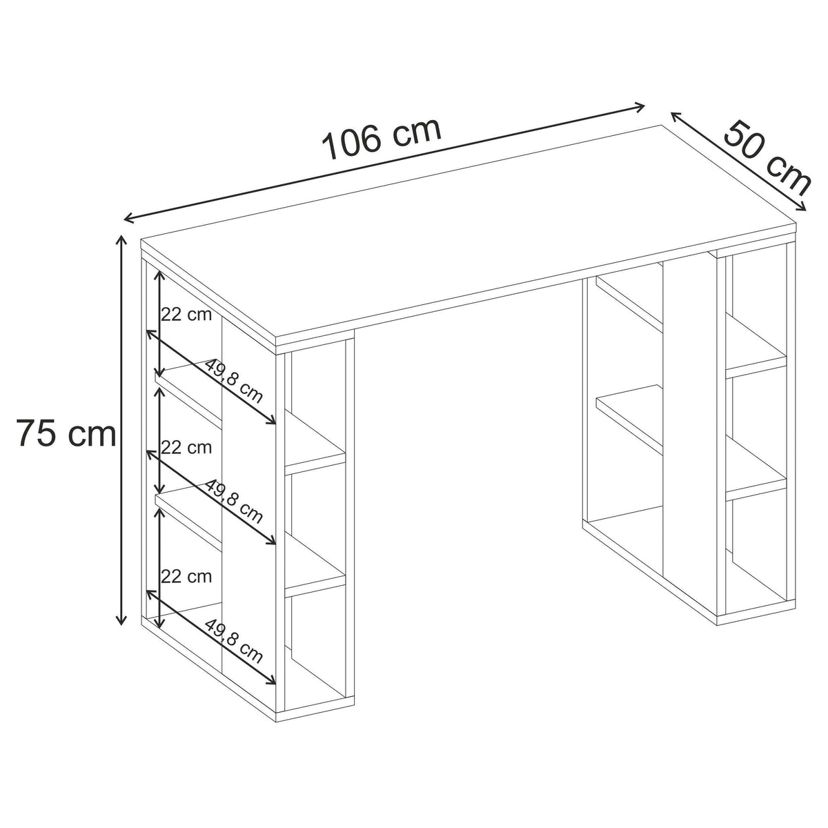 White study desk dimensions: 106 cm long, 75 cm high, 50 cm deep