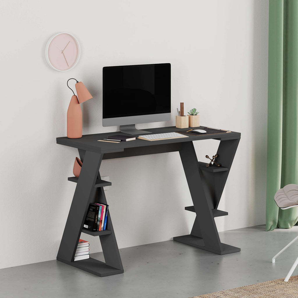 Modern study desk with shelves in dark gray, open storage and angled legs
