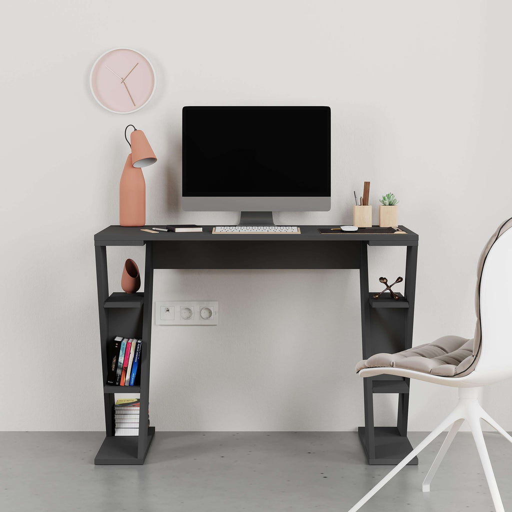 Modern study desk with shelves, dark gray finish and built-in monitor stand