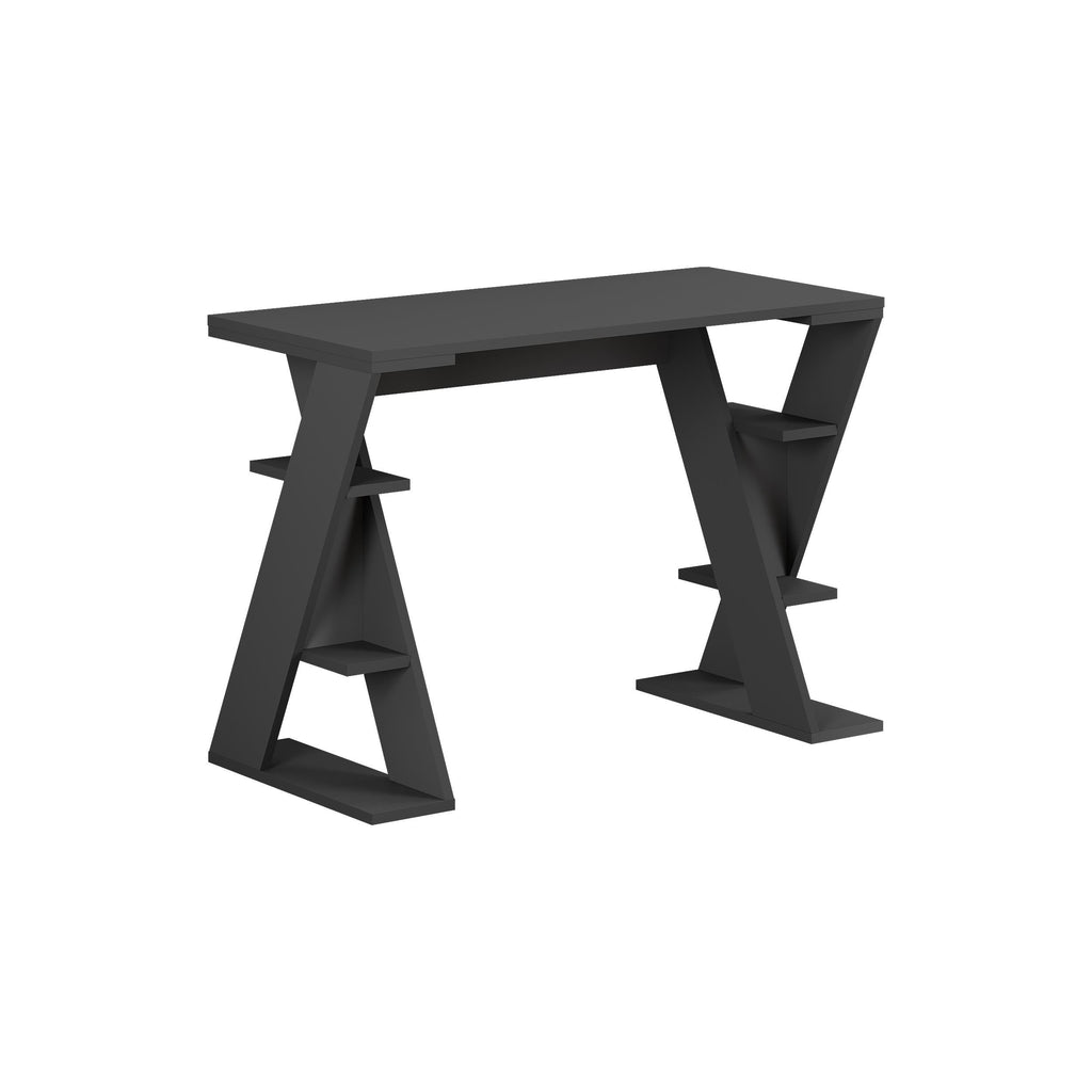 Modern study desk with shelves in dark gray, angled legs and open storage