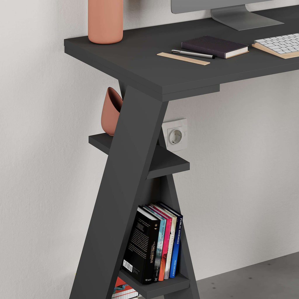 Dark gray study desk corner detail with open side shelf and angled support