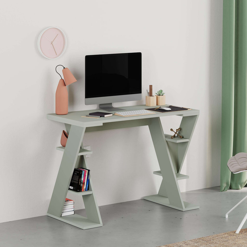 Ash green desk with monitor space and open side book storage
