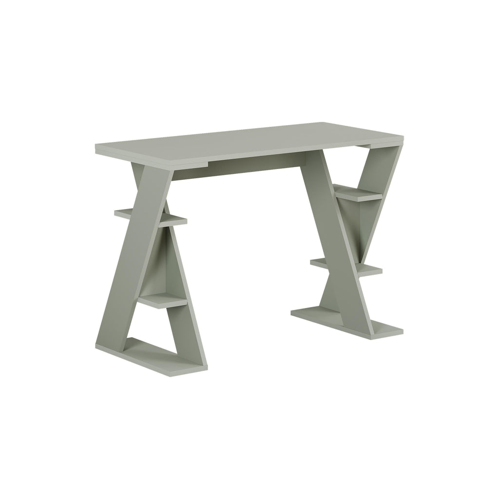 Modern study desk with shelves in light gray, angled legs and open storage