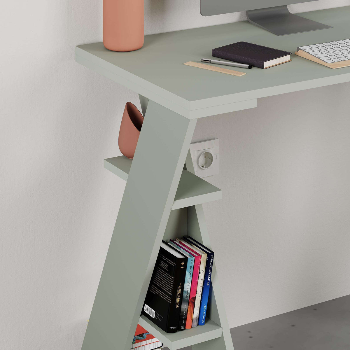 Ash green study desk with open side shelves and slanted legs