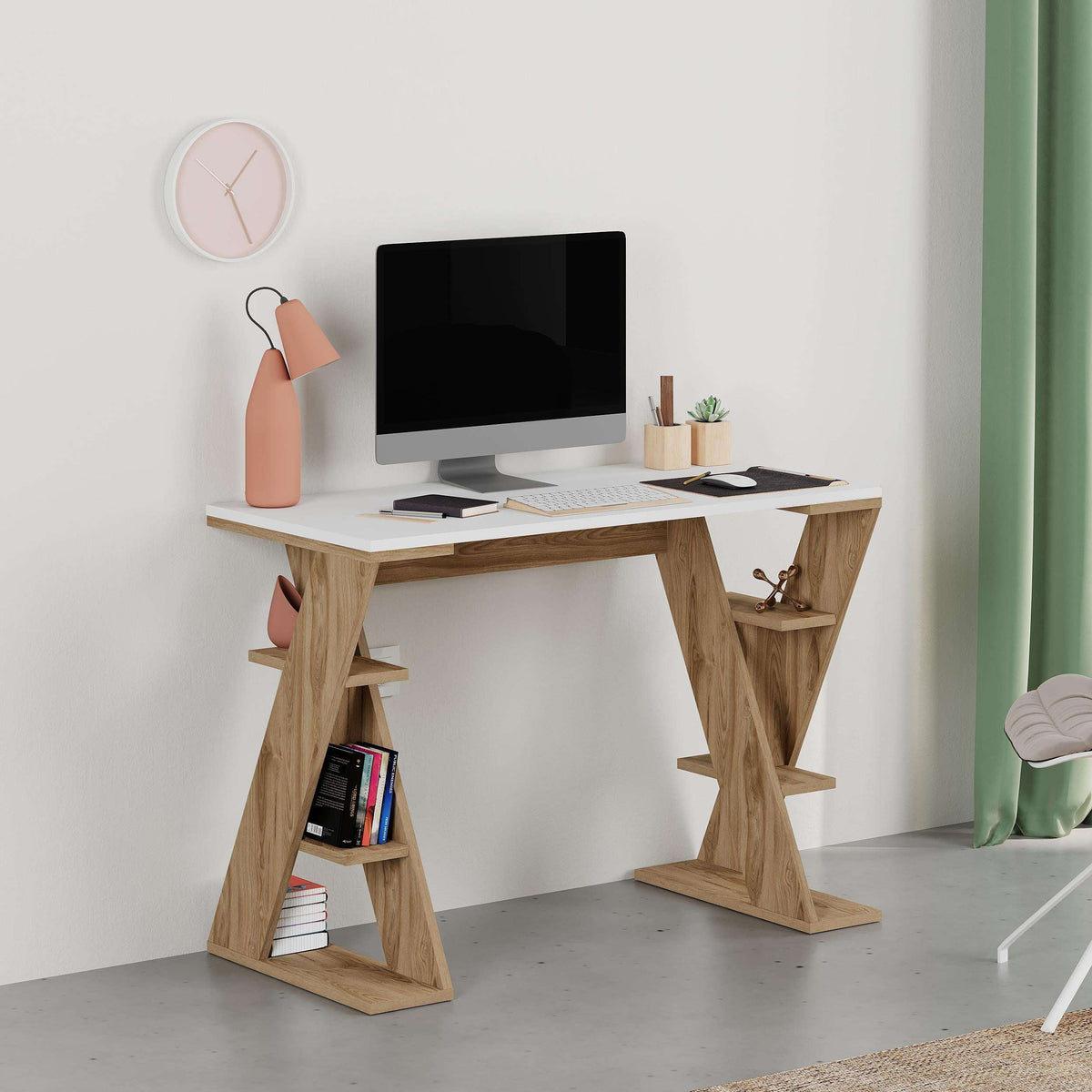Deep Oud modern desk with monitor space and open book shelves
