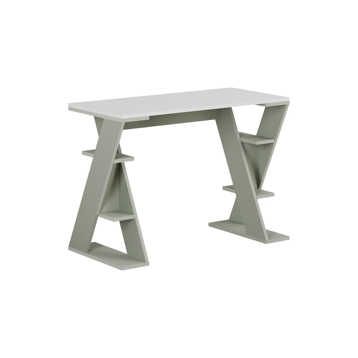 White study desk with open side shelves and slanted legs