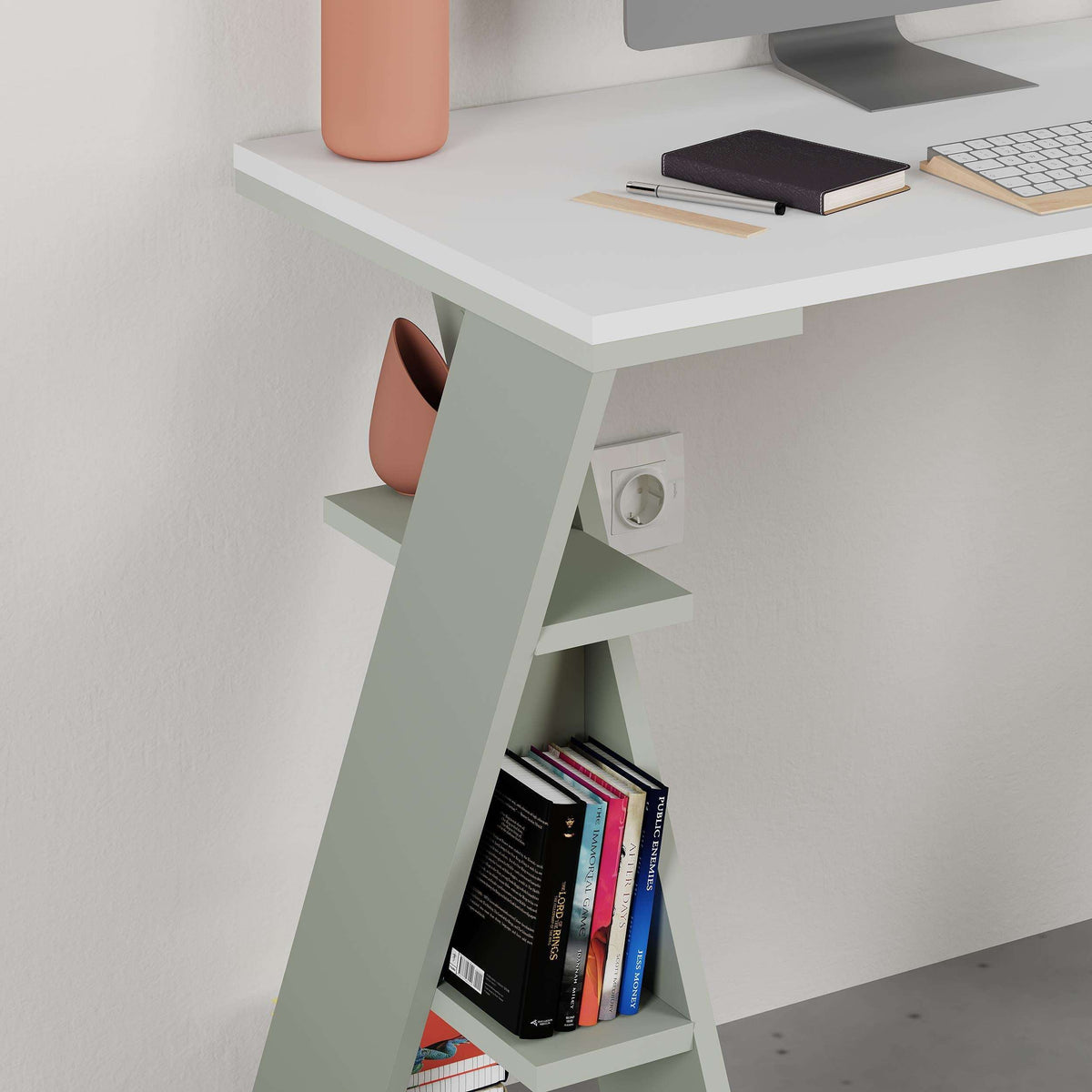 Ash green study desk corner view with open side shelves