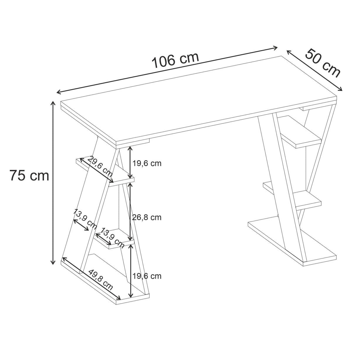 Study desk dimensions diagram with labeled width, depth, and height measurements