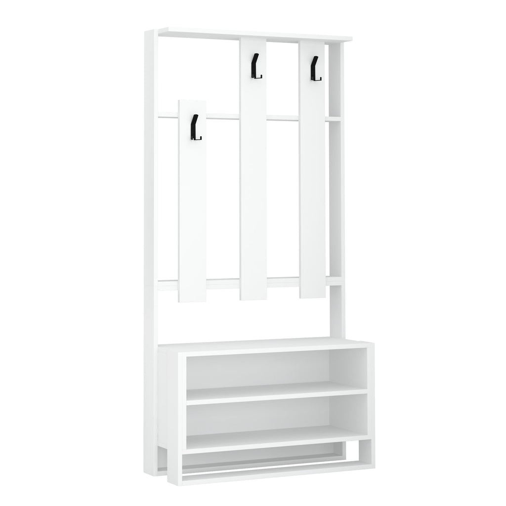 White stand shoe rack with three hanging bars and open lower shoe shelves