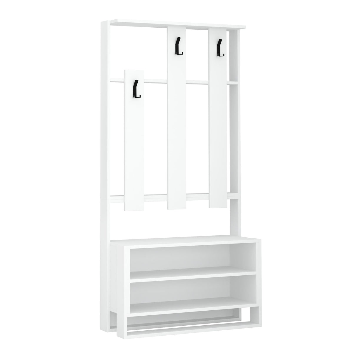 White stand shoe rack with three hanging bars and open lower shoe shelves