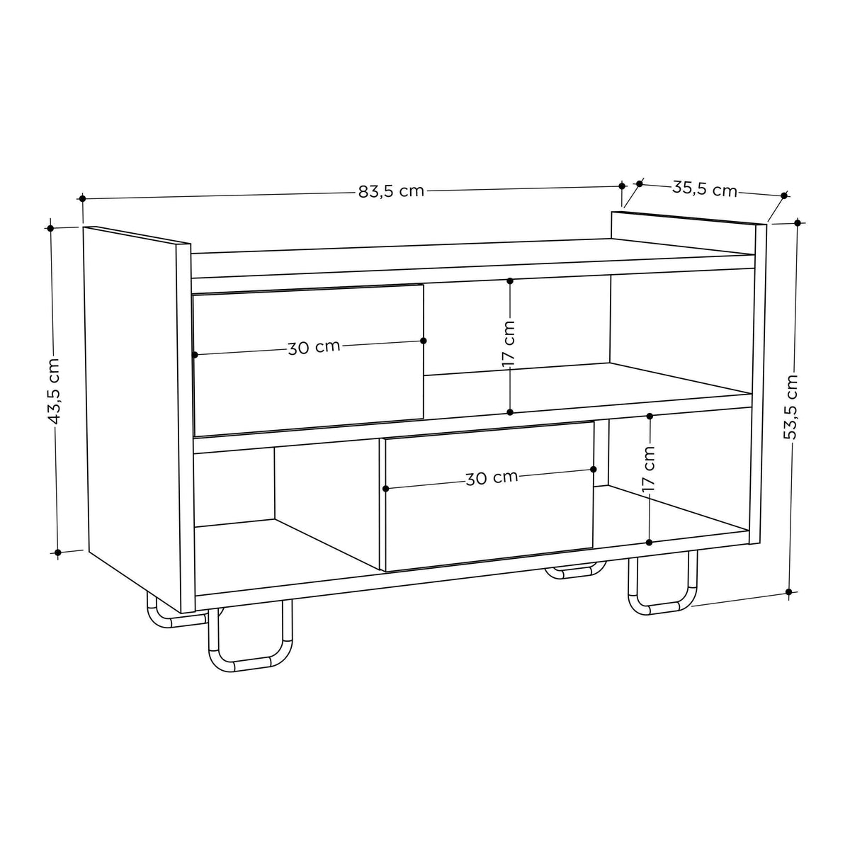 Storage bench technical drawing with overall dimensions and cubby layout