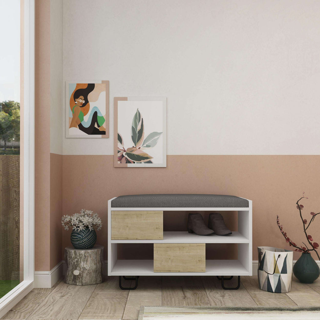 Modern storage bench with grey cushioned top, oak frame, dark grey open shelves and bins.