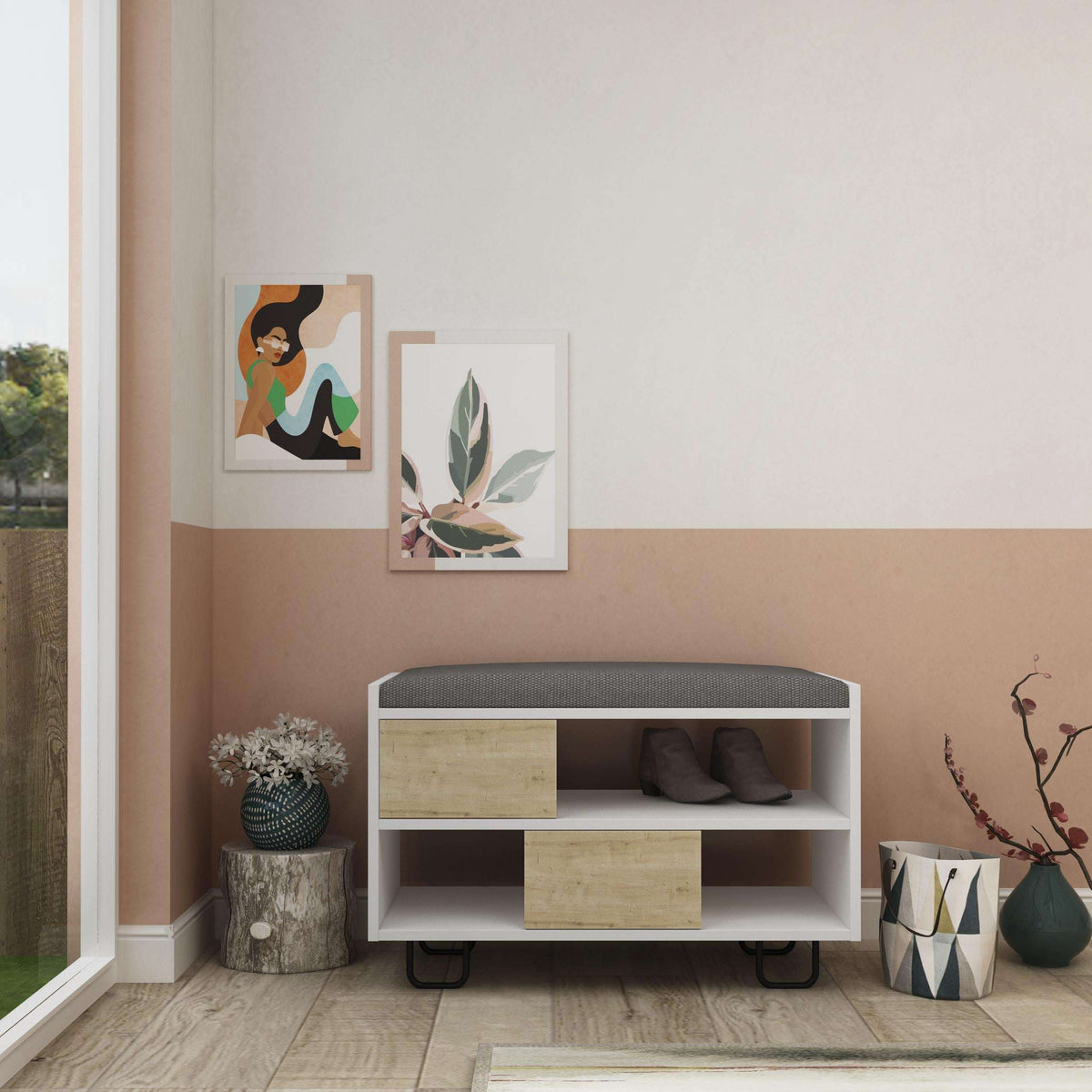 Modern storage bench with grey cushioned top, oak frame, dark grey open shelves and bins.